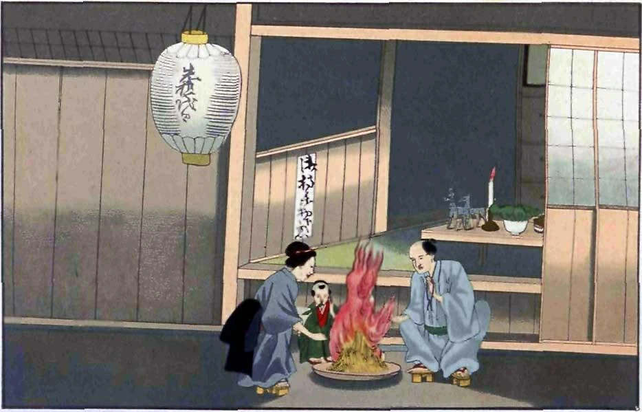 盆棚の真菰ござに飾られたきゅうりの精霊馬となすの精霊牛